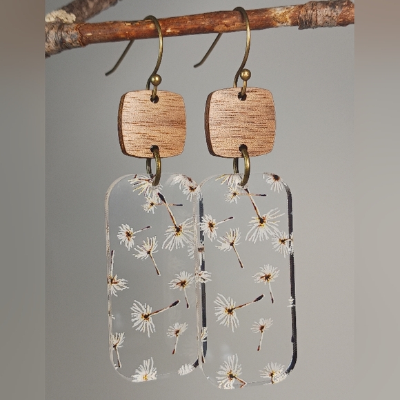 HAND CRAFTED EARRINGS Wood Acrylic Dandelion Statement Dangle Drop - Picture 2 of 7